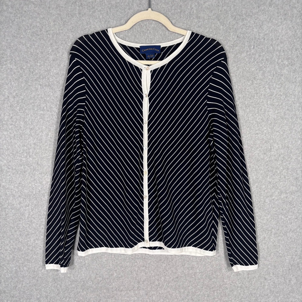 Charter Club Cardigan Sweater Medium Navy White Stripe Slinky Liquid Knit Preppy